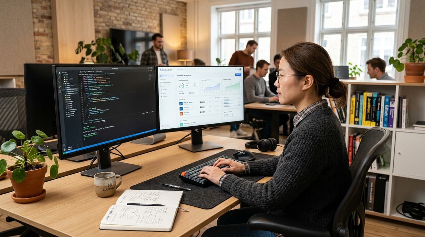 Software engineering workstation developing corporate LMS platforms and interactive training dashboards